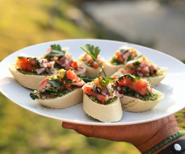 Basil Pesto, Tomato, Onion & Chilli Bruschetta